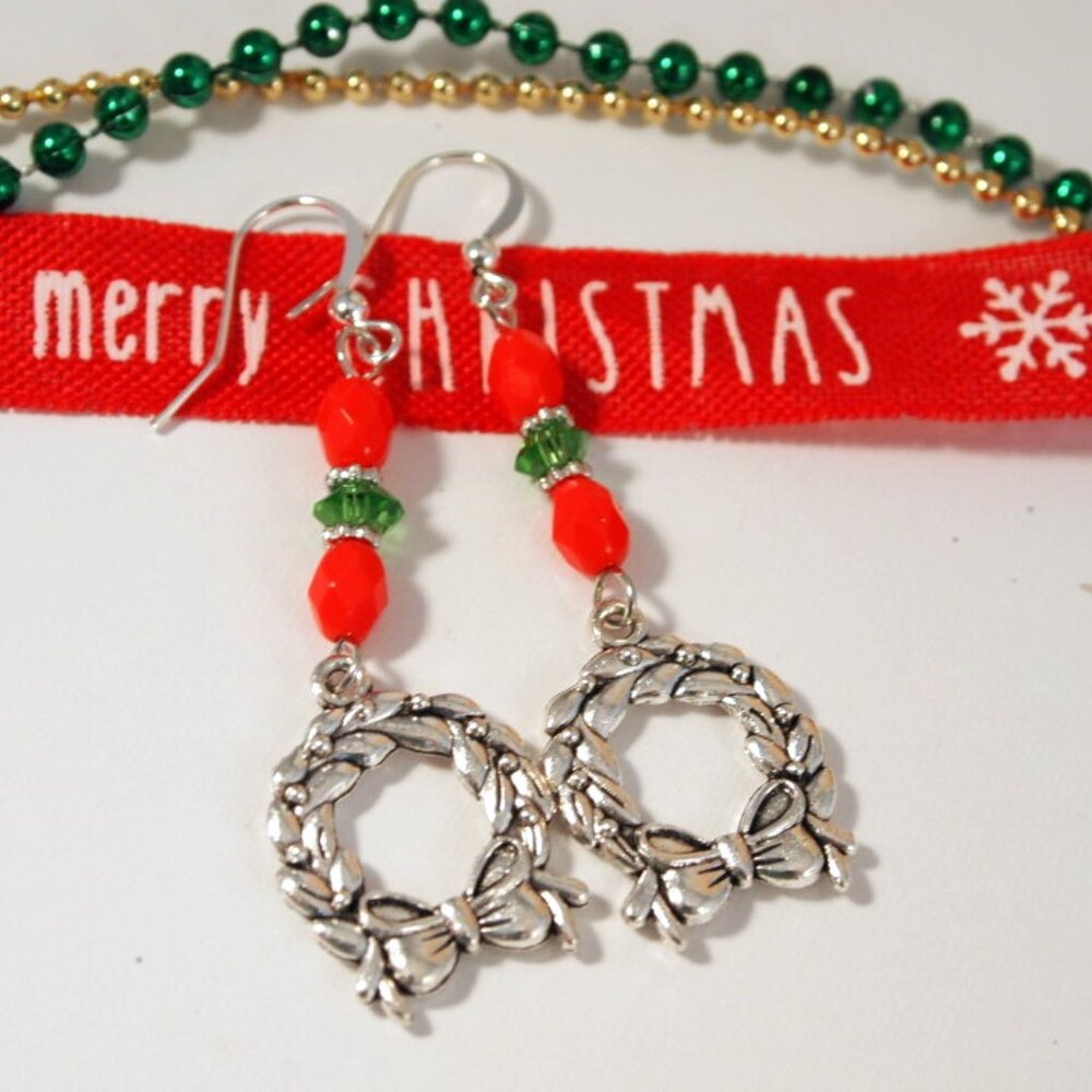 Christmas Wreath Earrings Dangle Pierced or Clip-on Earrings Silver Earrings